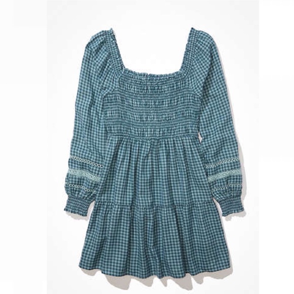 AE Plaid Long-Sleeve Smocked Mini Dress Size SP - Picture 11 of 11